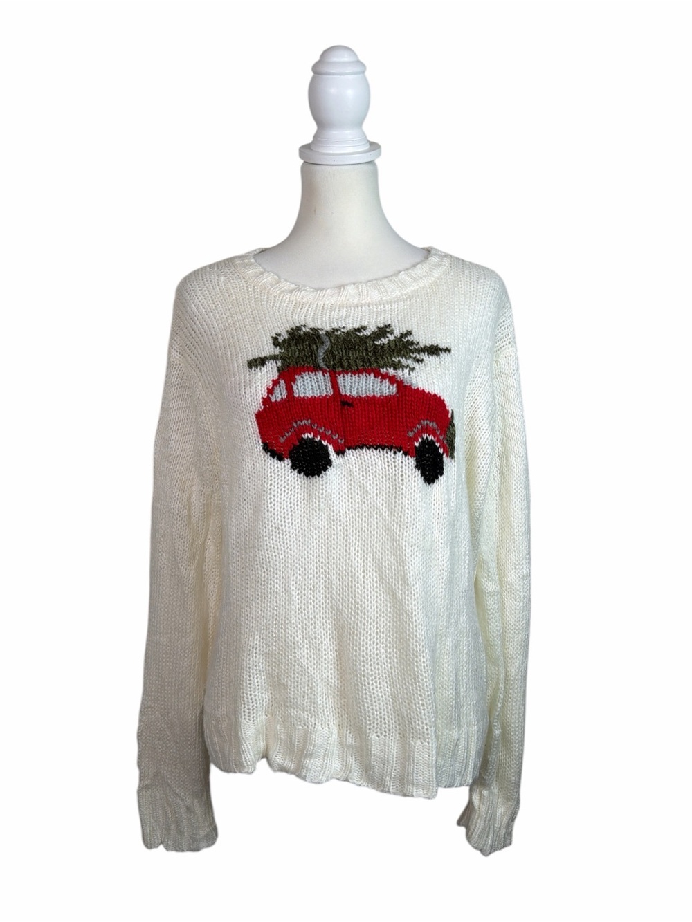 Wooden Ships S/M Christmas Sweater Ivory Red Car Tree Mohair Wool Holiday Knit